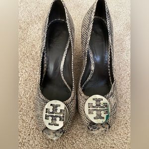 Tory Burch snake skin peep toe wedges